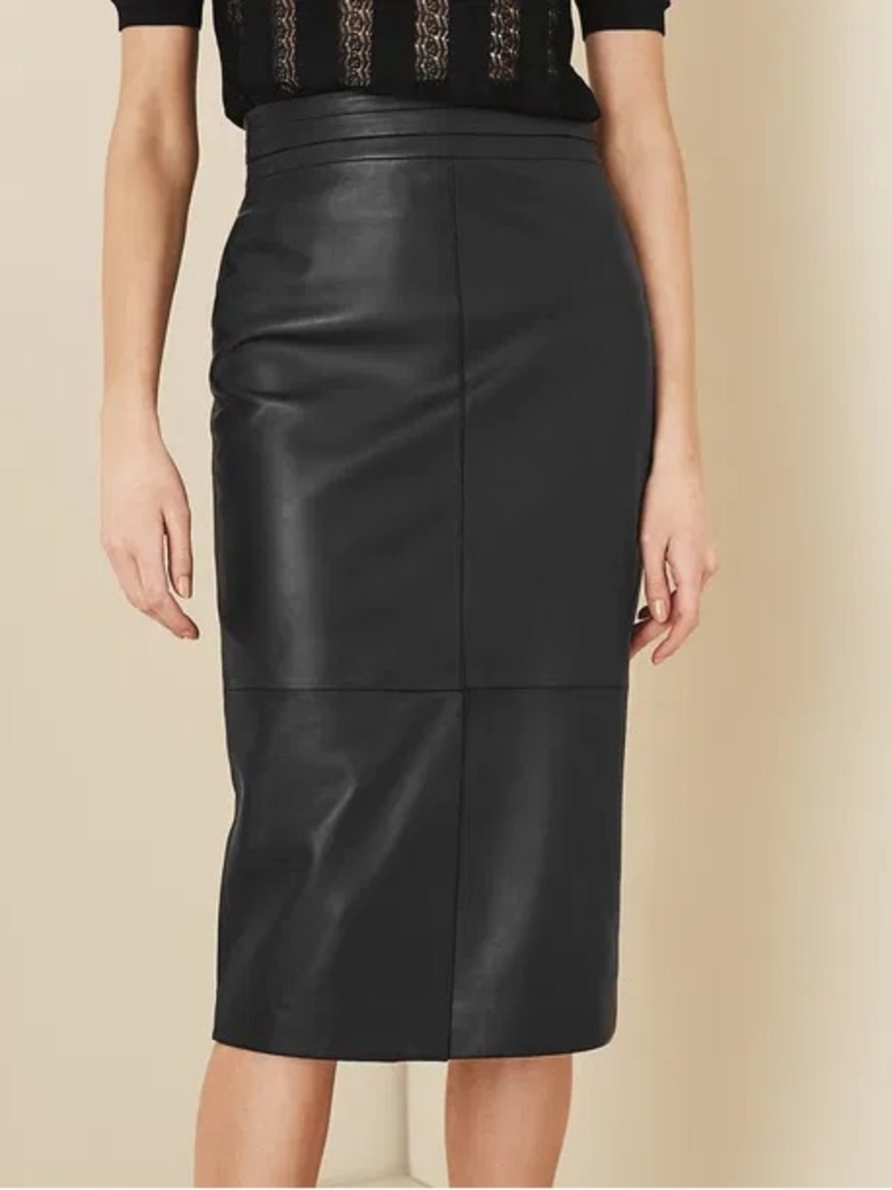 Reiss Maya Black 100% Leather Pencil Midi Skirt Front Slit NWT